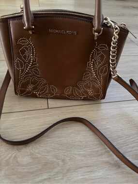 Michael Kors Ellis Brown Leather Studded Floral Satchel